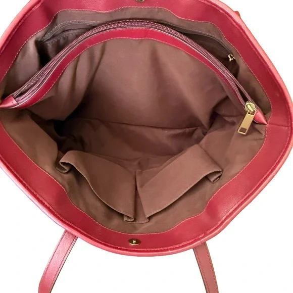 Fossil Charli Leather and Suede Tote Bag Triple Compartment Red Shoulder Bag - Picture 7 of 16